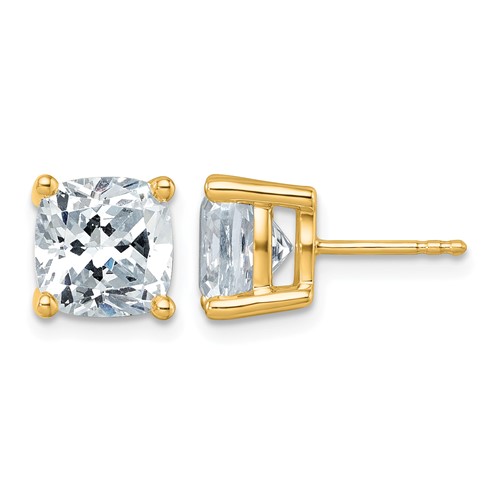 14K Yellow Gold 6 Carat Certified Lab Grown Diamond VS+ F+ Cushion Complete Four Prong Stud Earrings