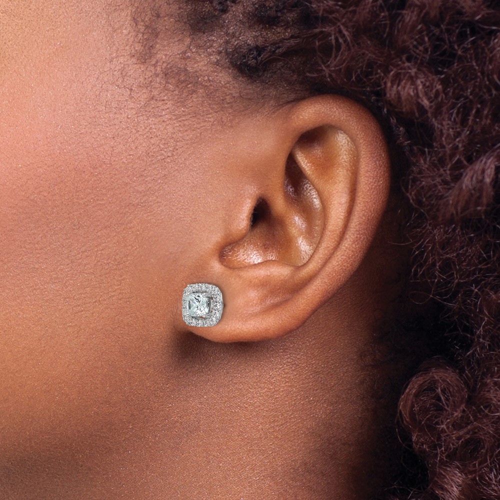 14k White Gold 3/8 carat Lab Grown Diamond VS/SI+ G+ March Birthstone Aquamarine Halo Post Earrings (EM9037-AQ-038-WLG)