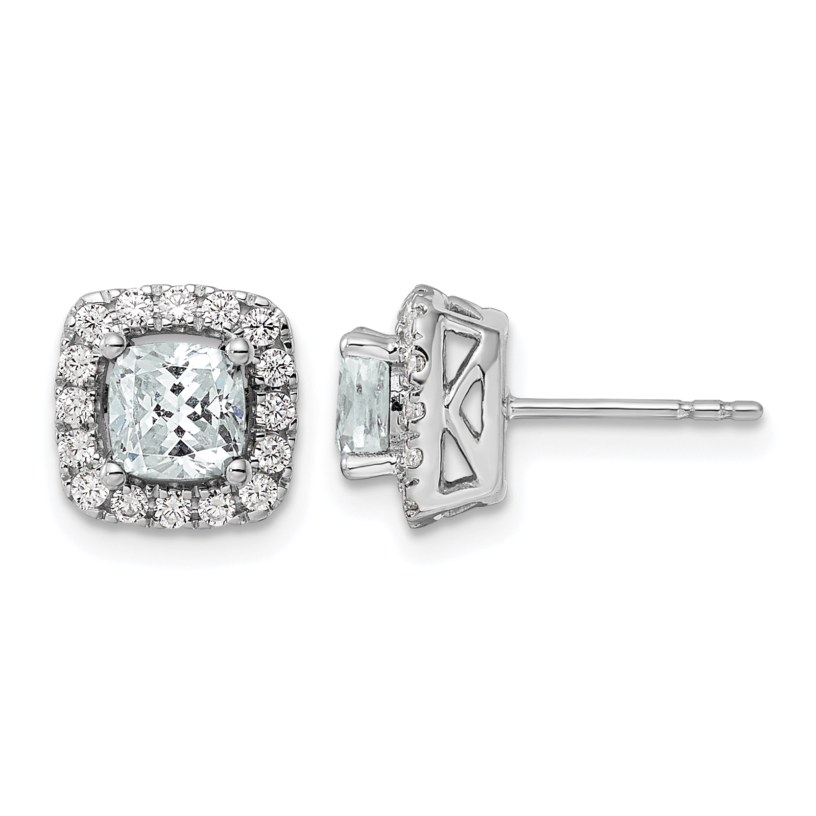 14k White Gold 3/8 carat Lab Grown Diamond VS/SI+ G+ March Birthstone Aquamarine Halo Post Earrings (EM9037-AQ-038-WLG)