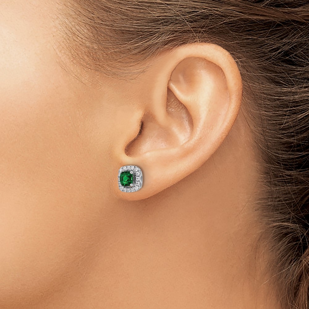 14k White Gold 3/8 carat Lab Grown Diamond VS/SI+ G+ May Birthstone Lab Created Emerald Halo Post Earrings (EM9037-CEM-038-WLG)