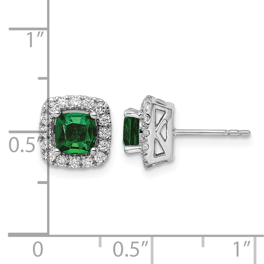 14k White Gold 3/8 carat Lab Grown Diamond VS/SI+ G+ May Birthstone Lab Created Emerald Halo Post Earrings (EM9037-CEM-038-WLG)