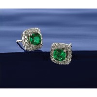 14K White Gold 0.38 Carat Lab Grown Diamond VS SI+ G+ May Birthstone Lab Created Emerald Halo Post Earrings view 5
