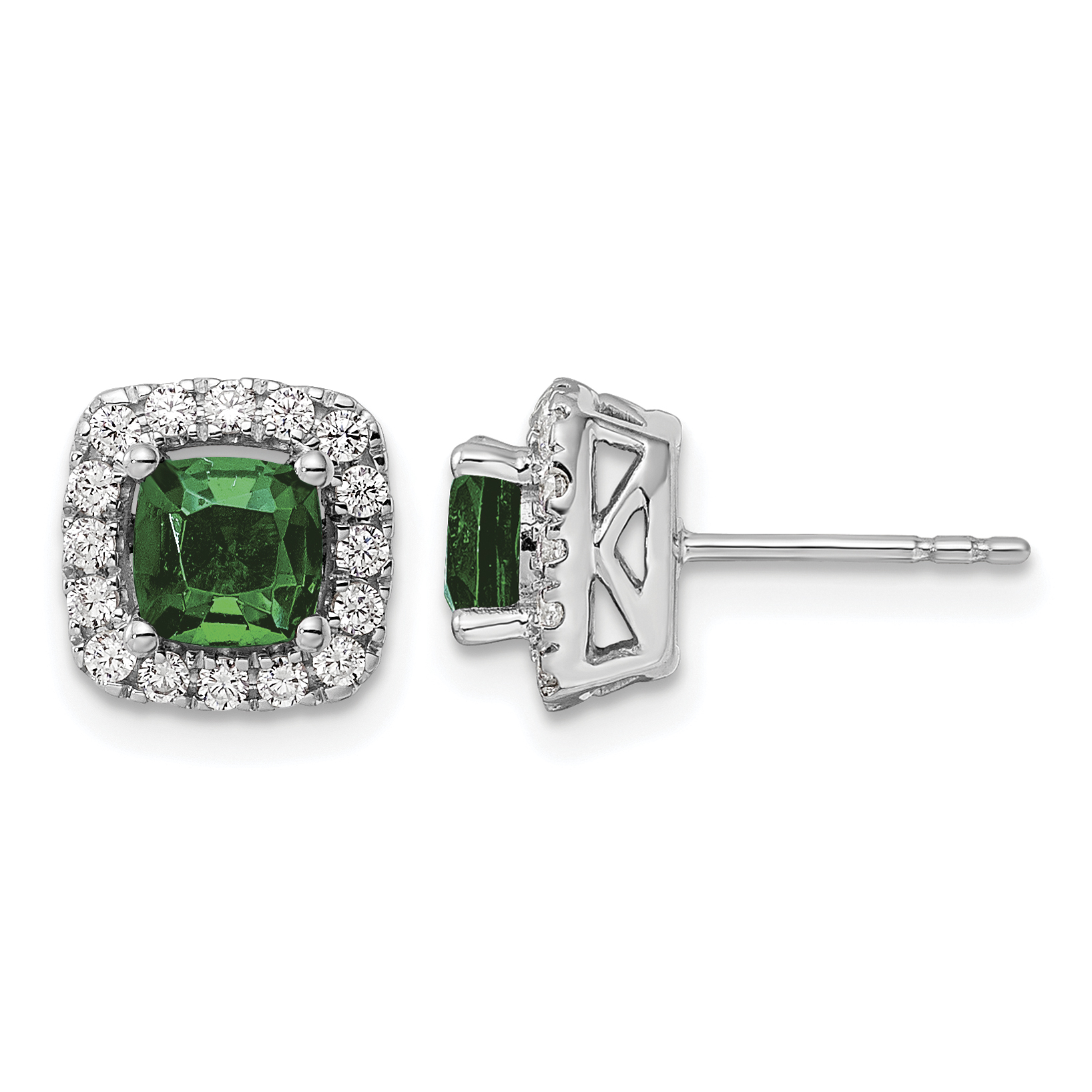 14k White Gold 3/8 carat Lab Grown Diamond VS/SI+ G+ May Birthstone Lab Created Emerald Halo Post Earrings (EM9037-CEM-038-WLG)