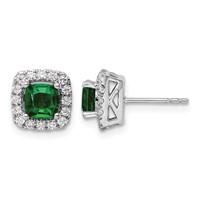 14K White Gold 0.38 Carat Lab Grown Diamond VS SI+ G+ May Birthstone Lab Created Emerald Halo Post Earrings view 1
