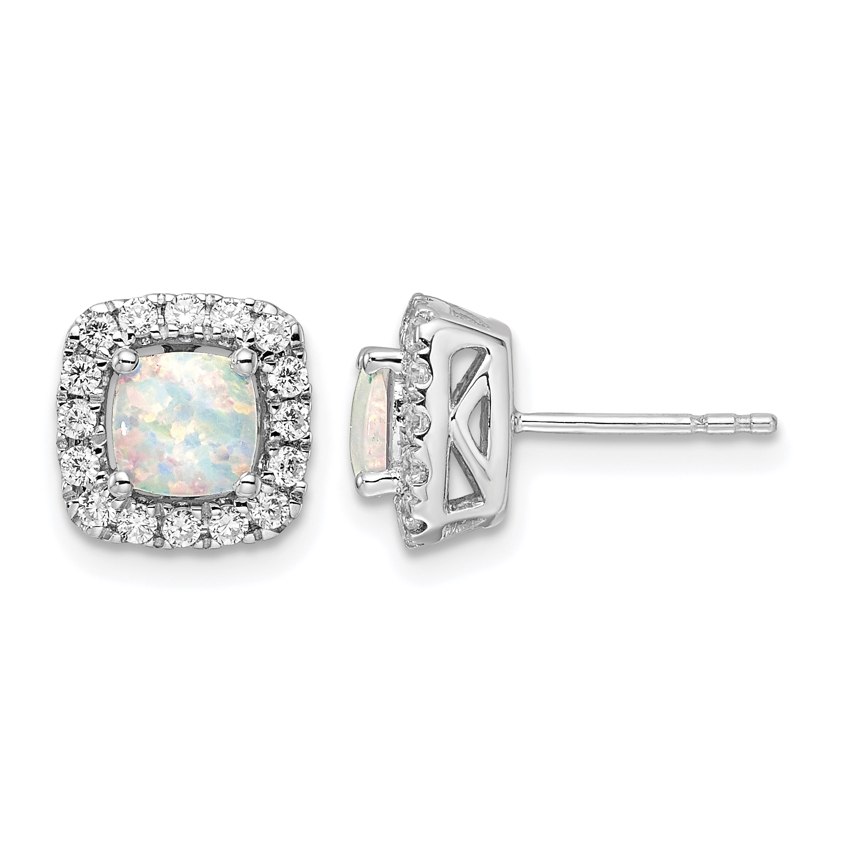 14k White Gold 3/8 carat Lab Grown Diamond VS/SI+ G+ October Birthstone Lab Created Opal Halo Post Earrings (EM9037-COP-038-WLG)