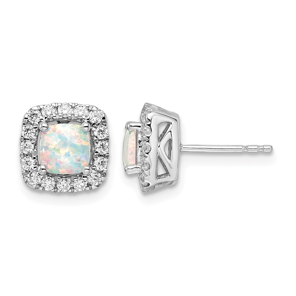 14K White Gold 0.38 Carat Lab Grown Diamond VS SI+ G+ October Birthstone Lab Created Opal Halo Post Earrings