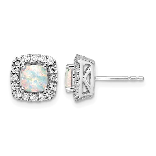 14K White Gold 0.38 Carat Lab Grown Diamond VS SI+ G+ October Birthstone Lab Created Opal Halo Post Earrings