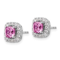 14K White Gold 0.38 Carat Lab Grown Diamond VS SI+ G+ October Birthstone Lab Created Pink Sapphire Halo Post Earrings view 2