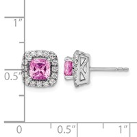 14K White Gold 0.38 Carat Lab Grown Diamond VS SI+ G+ October Birthstone Lab Created Pink Sapphire Halo Post Earrings view 4