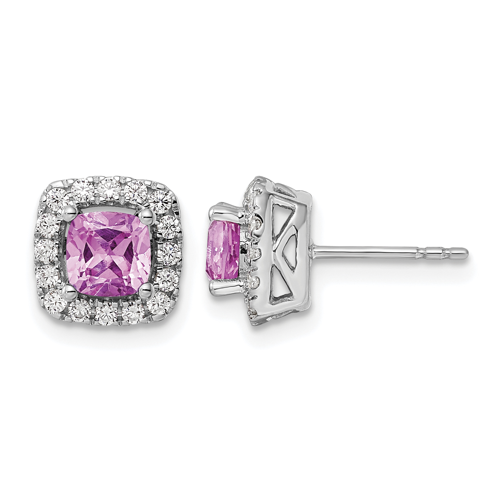 14k White Gold 3/8 carat Lab Grown Diamond VS/SI+ G+ October Birthstone Lab Created Pink Sapphire Halo Post Earrings (EM9037-CPS-038-WLG)