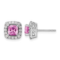 14K White Gold 0.38 Carat Lab Grown Diamond VS SI+ G+ October Birthstone Lab Created Pink Sapphire Halo Post Earrings view 1