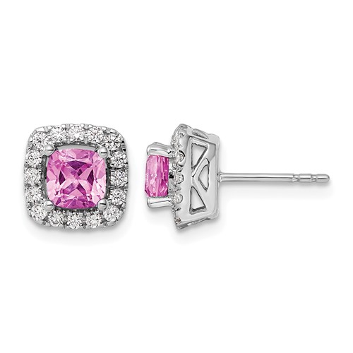14K White Gold 0.38 Carat Lab Grown Diamond VS SI+ G+ October Birthstone Lab Created Pink Sapphire Halo Post Earrings