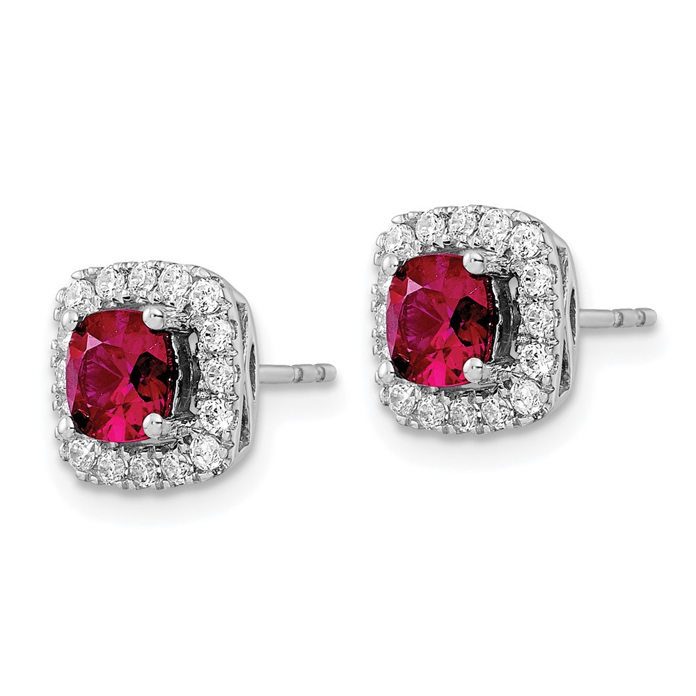 14k White Gold 3/8 carat Lab Grown Diamond VS/SI+ G+ July Birthstone Lab Created Ruby Halo Post Earrings (EM9037-CRU-038-WLG)