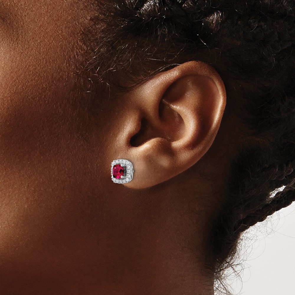 14k White Gold 3/8 carat Lab Grown Diamond VS/SI+ G+ July Birthstone Lab Created Ruby Halo Post Earrings (EM9037-CRU-038-WLG)
