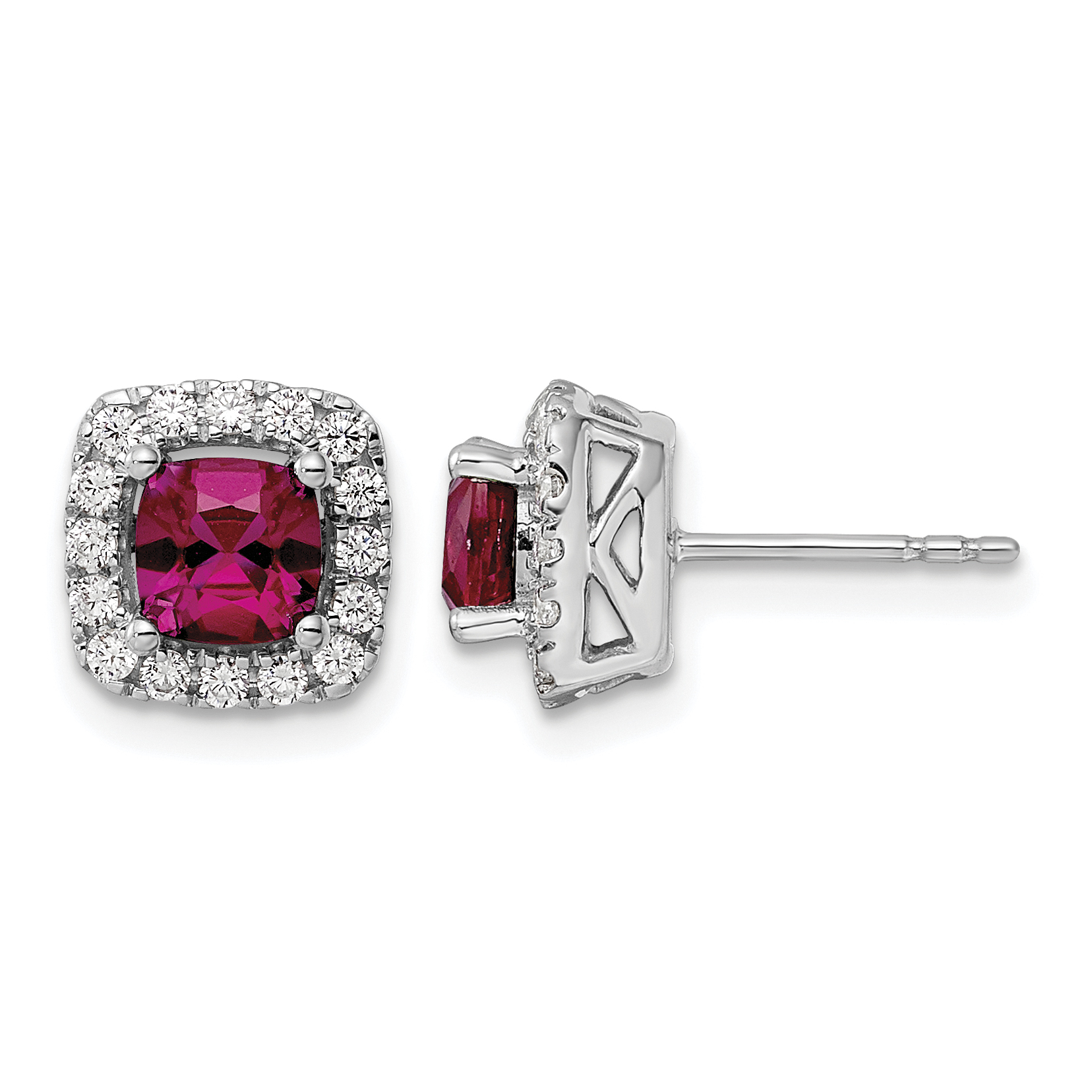 14k White Gold 3/8 carat Lab Grown Diamond VS/SI+ G+ July Birthstone Lab Created Ruby Halo Post Earrings (EM9037-CRU-038-WLG)