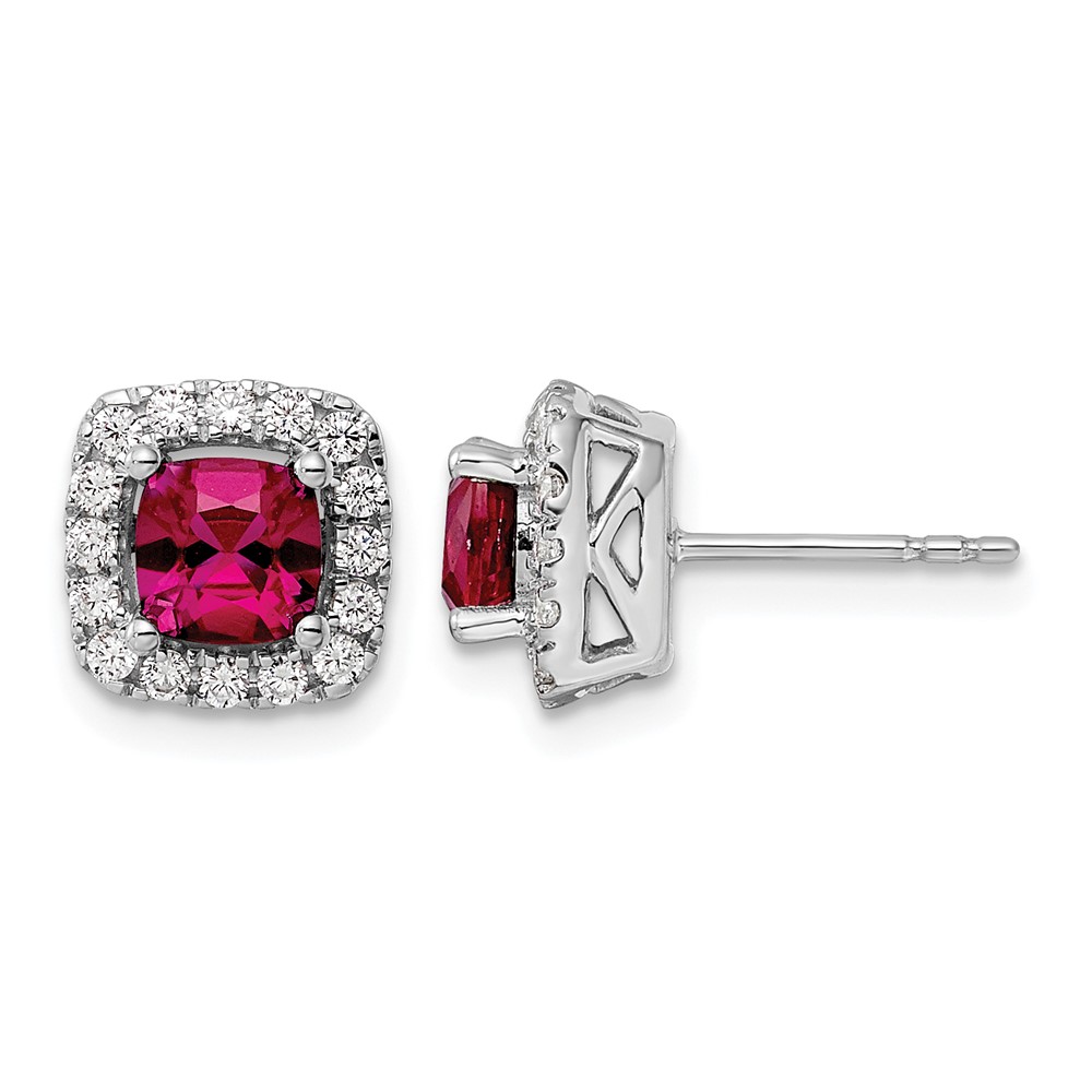 14k White Gold 3/8 carat Lab Grown Diamond VS/SI+ G+ July Birthstone Lab Created Ruby Halo Post Earrings (EM9037-CRU-038-WLG)