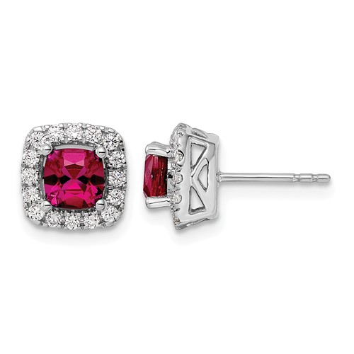 14K White Gold 0.38 Carat Lab Grown Diamond VS SI+ G+ July Birthstone Lab Created Ruby Halo Post Earrings