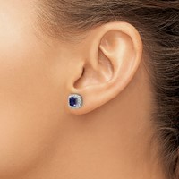 14K White Gold 0.38 Carat Lab Grown Diamond VS SI+ G+ September Birthstone Lab Created Blue Sapphire Halo Post Earrings view 3