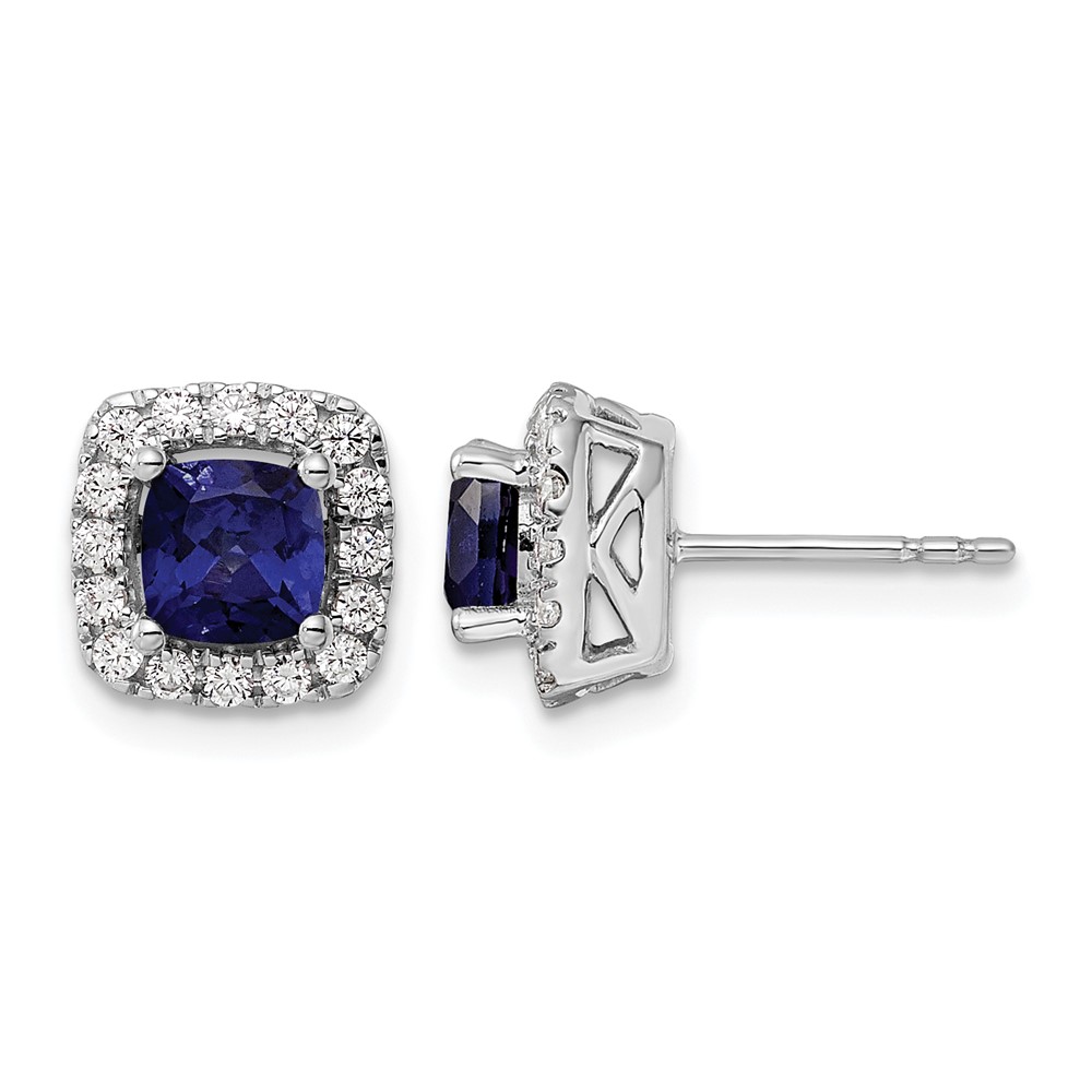 14k White Gold 3/8 carat Lab Grown Diamond VS/SI+ G+ September Birthstone Lab Created Blue Sapphire Halo Post Earrings (EM9037-CSA-038-WLG)