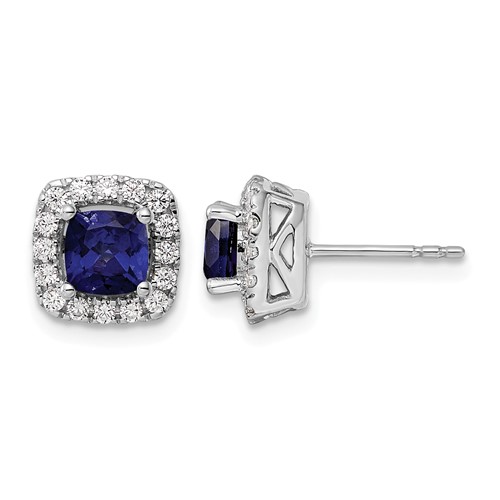 14K White Gold 0.38 Carat Lab Grown Diamond VS SI+ G+ September Birthstone Lab Created Blue Sapphire Halo Post Earrings