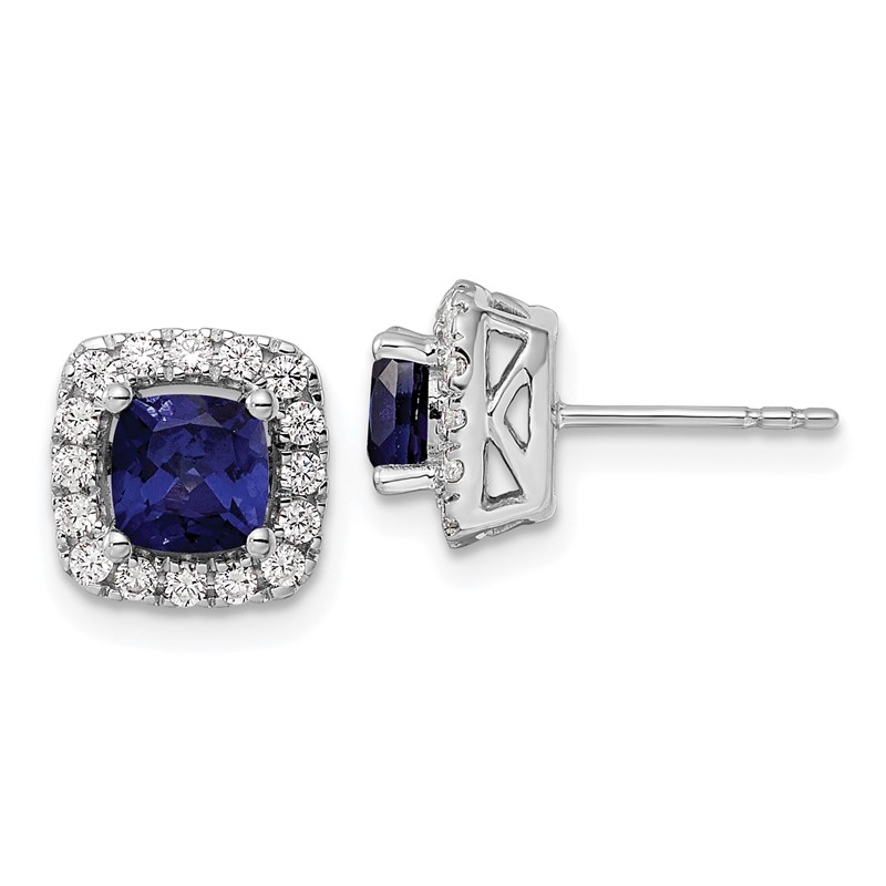 14k White Gold 3/8 carat Lab Grown Diamond VS/SI+ G+ September Birthstone Lab Created Blue Sapphire Halo Post Earrings