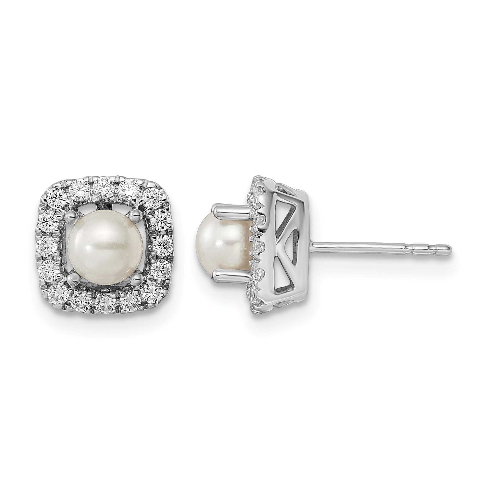 14k White Gold 3/8 carat Lab Grown Diamond VS/SI+ G+ June Birthstone Freshwater Cultered Pearl Halo Post Earrings (EM9037-PL-038-WLG)
