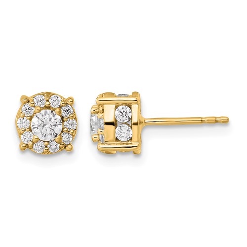 14K Yellow Gold 1 Carat Lab Grown Diamond VS SI+ G+ Complete Round Fashion Halo Post Earrings