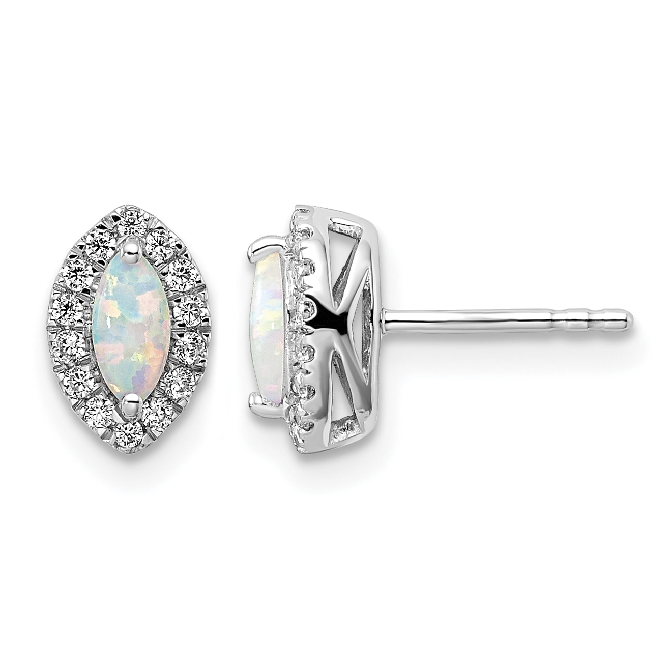 14k White Gold 1/5 carat Lab Grown Diamond VS/SI+ G+ and Lab Created Opal October Birthstone Post Earrings (EM9354-OP-020-WLG)