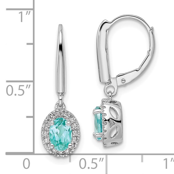 Pure Serenity 14k White Gold 1/5 carat Lab Grown Diamond VS/SI+ G+ and Lab Created Paraiba Leverback Dangle Earrings