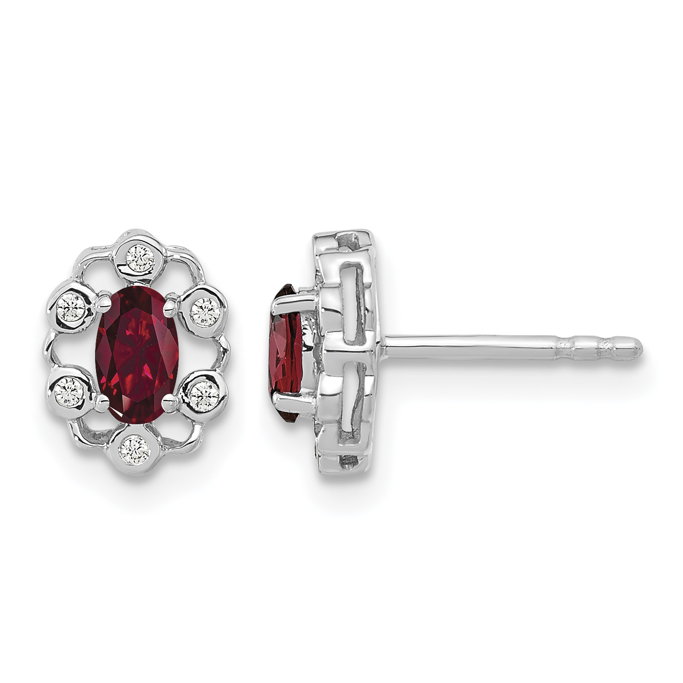 14k White Gold 1/20 carat Lab Grown Diamond VS/SI+ G+ and Oval Created Ruby Complete Halo Post Earrings (EM9657-CRU-006-WLG)