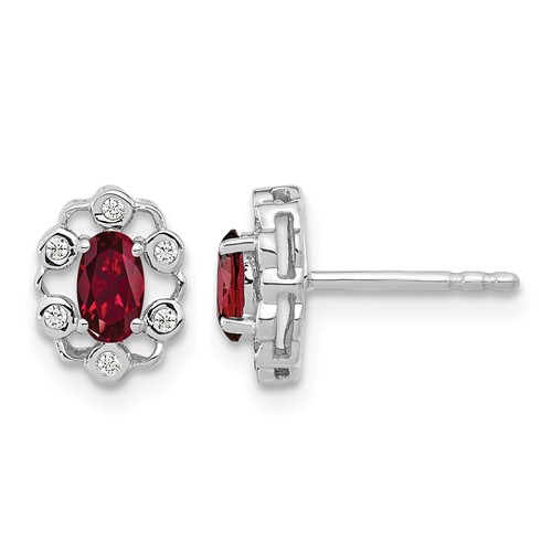 14K White Gold 1/20 Carat Lab Grown Diamond VS SI+ G+ and Oval Created Ruby Complete Halo Post Earrings
