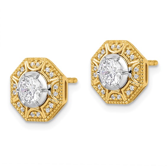 14k Two Tone 3/4 carat Lab Grown Diamond VS/SI+ G+ Octogon Halo Post Earrings