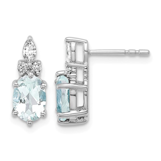 14K White Gold Diamond and 7x5 Oval March/Aquamarine Post Earrings