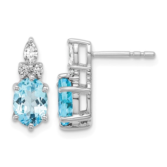 14K White Gold Diamond and 7x5 Oval December/Blue Topaz Post Earrings