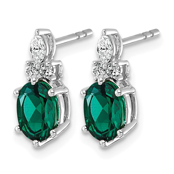 14K White Gold Diamond and 7x5 Oval May/Lab Created Emerald Post Earrings