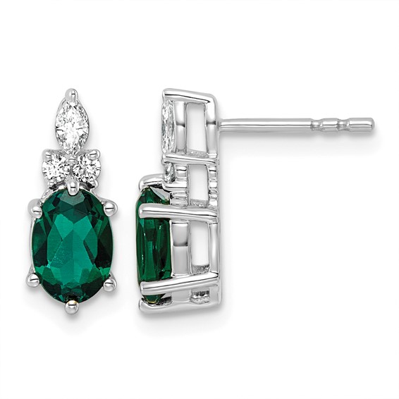 14K White Gold Diamond and 7x5 Oval May/Lab Created Emerald Post Earrings