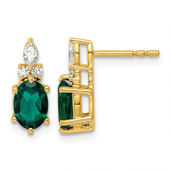 14k Diamond and 7x5 Oval May/Lab Created Emerald Post Earrings