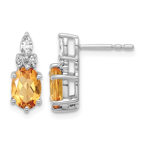 14K White Gold Diamond and 7x5 Oval November/Citrine Post Earrings