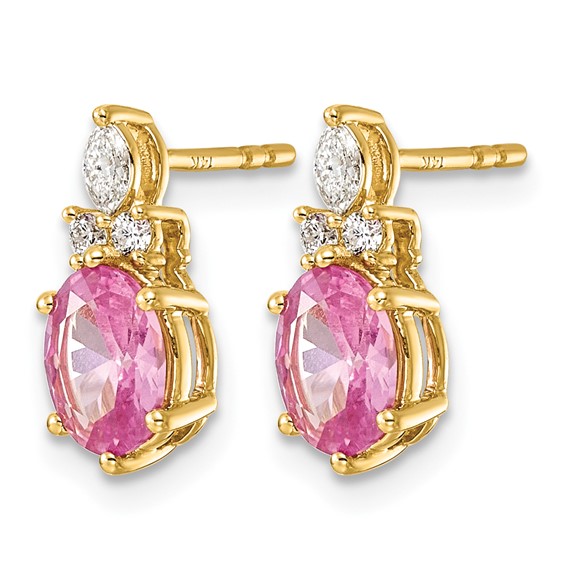 14k Diamond and 7x5 Oval October/Lab Created Pink Sapphire Post Earrings