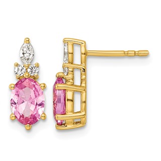 14k Diamond and 7x5 Oval October/Lab Created Pink Sapphire Post Earrings