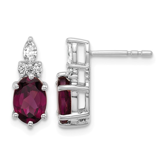 14K White Gold Diamond and 7x5 Oval June/Rhodolite Garnet Post Earrings