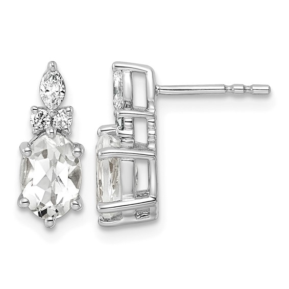14K White Gold Diamond and 7x5 Oval April/White Topaz Post Earrings