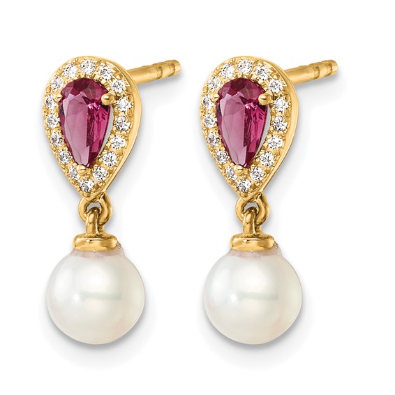 Diamond and Gemstone Pearl Dangle Post Earrings