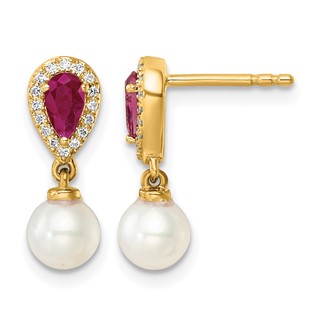 Diamond and Gemstone Pearl Dangle Post Earrings