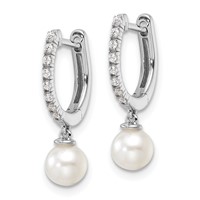 14K White Gold 0.10 Carat Lab Grown Diamond VS SI+ G+ and 5.50 Mm Round Freshwater Cultured Pearl Complete Hinged Hoop Earrings view 2