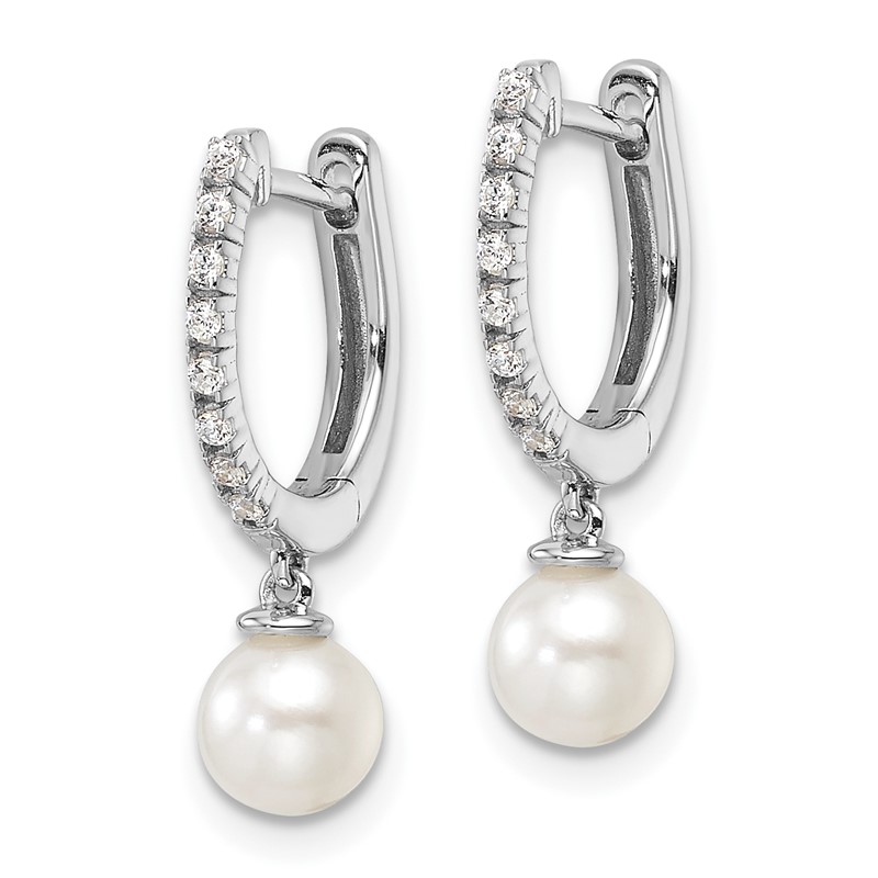 14k White Gold 1/10 carat Lab Grown Diamond VS/SI+ G+ and 5.50 mm Round Freshwater Cultured Pearl Complete Hinged Hoop Earrings