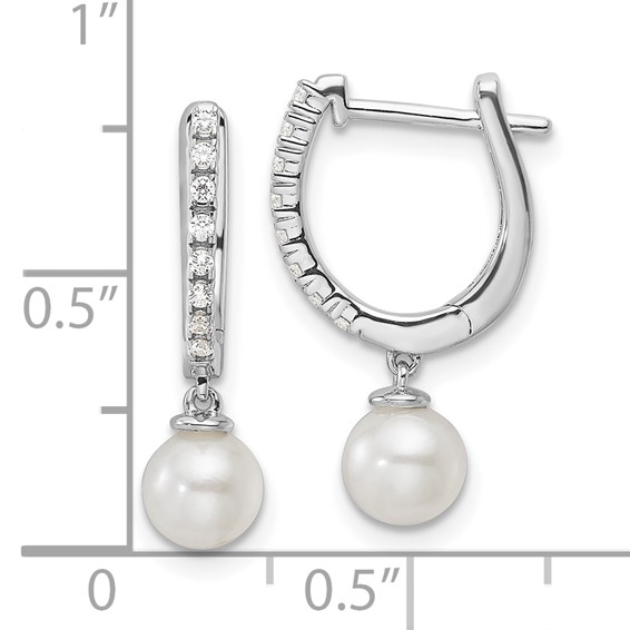 14k White Gold 1/10 carat Lab Grown Diamond VS/SI+ G+ and 5.50 mm Round Freshwater Cultured Pearl Complete Hinged Hoop Earrings