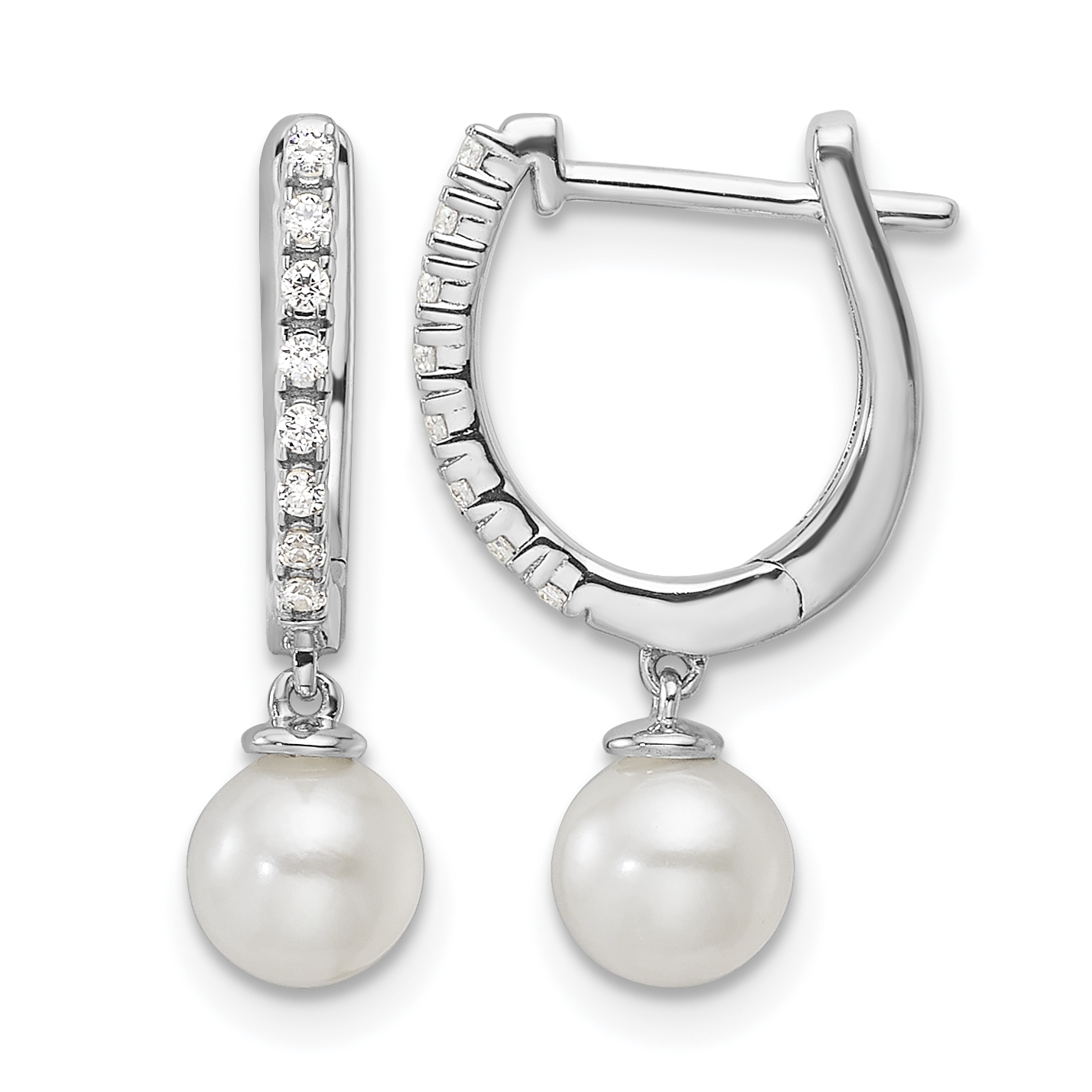 14k White Gold 1/10 carat Lab Grown Diamond VS/SI+ G+ and 5.50 mm Round Freshwater Cultured Pearl Complete Hinged Hoop Earrings (EM9987-010-WLG)