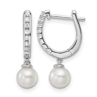 14K White Gold 0.10 Carat Lab Grown Diamond VS SI+ G+ and 5.50 Mm Round Freshwater Cultured Pearl Complete Hinged Hoop Earrings view 1