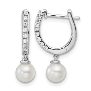 14k White Gold 1/10 carat Lab Grown Diamond VS/SI+ G+ and 5.50 mm Round Freshwater Cultured Pearl Complete Hinged Hoop Earrings